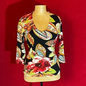 LINDA LEAL Floral V-Neck Stretchy Women's Top, size S